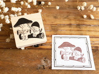 Kinoko Neko Japanese Wooden Rubber Stamp - Sharing